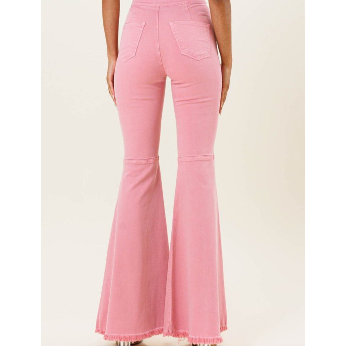 Blush pink soft denim flare bell jeans