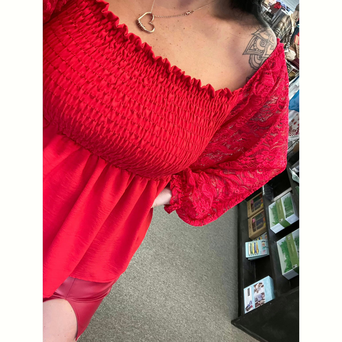 Be Mine Red lace sleeve Top